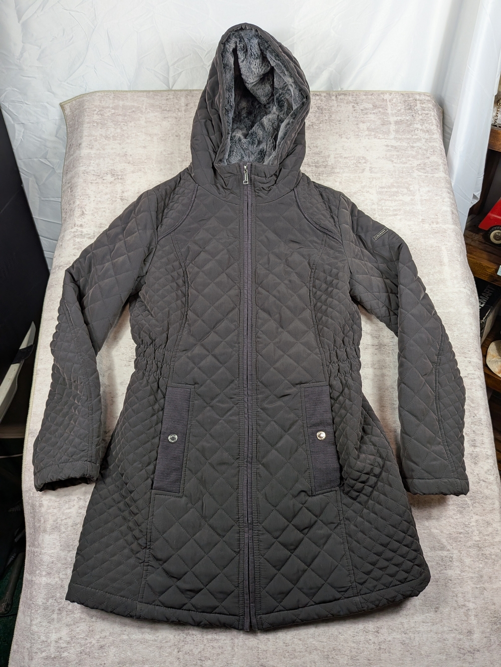Laundry By Shelli Segal Dark Charcoal Quilted Hooded Puffer Coat